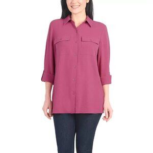 New Hilary Radley Med Button-up Shirt Pocket Top Roll Tab Long Sleeve Shacket